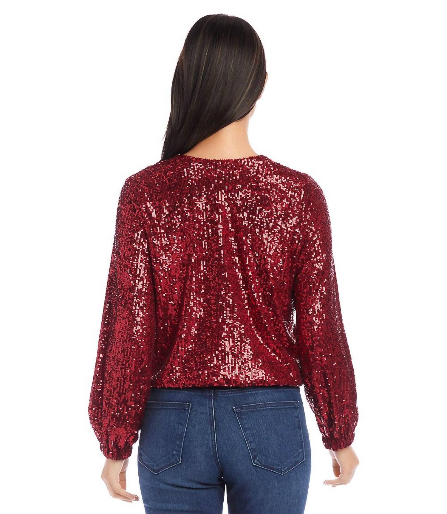 Karen Kane Blouson Sleeve Sequin V-Neck Top in ruby - women's blouse - view 6