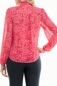 Nicole Miller - Printed Button-down Tie Neck Blouse