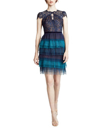 Marchesa - TIERED RUFFLE SHORT SLEEVE COCKTAIL DRESS WITH TIE
