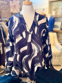 2 Hearts Apparel Print V-neck With Cuff Blouse in black cream - women's blouse - detail view