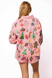 QUEEN OF SPARKLES Christmas Icons Shorts in light pink and red stripe - women's shorts - detail view