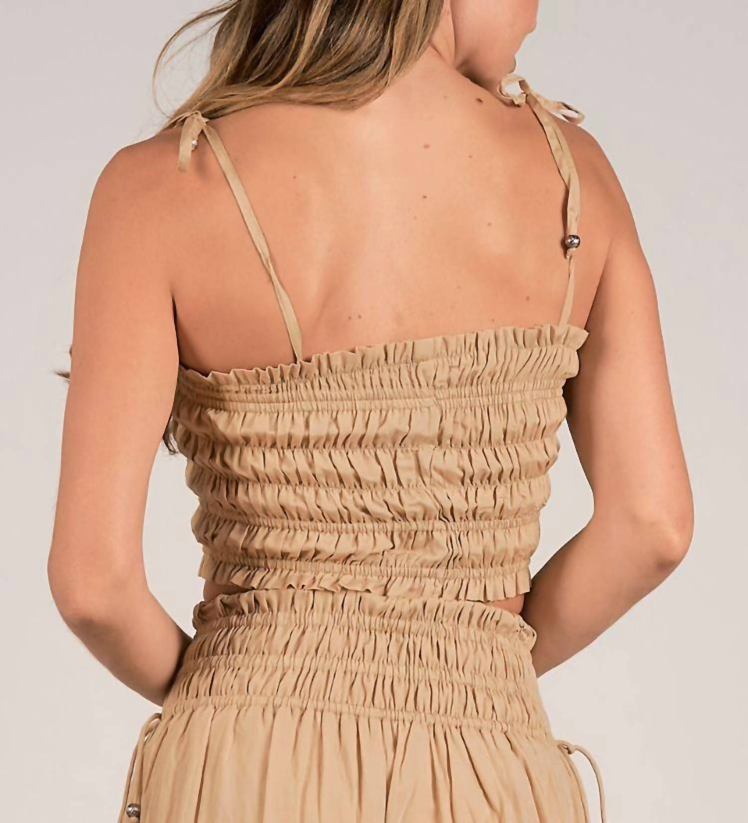 ELAN Nikki Smocked Crop Top in taupe - women's shirt - detail view