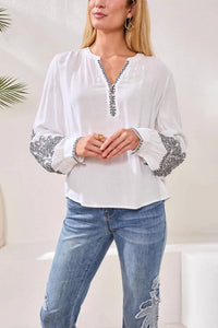 Tribal - Viscose Notch Neck Embroidered Puff Sleeve Blouse