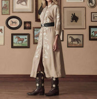 THE GREAT. Western Embroidered Herd Dress in soft tan with cream embroidery - women's dress - alternate view