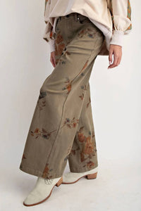 Easel - Flower Print Stretch Washed Twill Pants