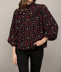 Fate By Lfd - Heart Print Ruffle Yoke Detail Bubble Sleeve Blouse