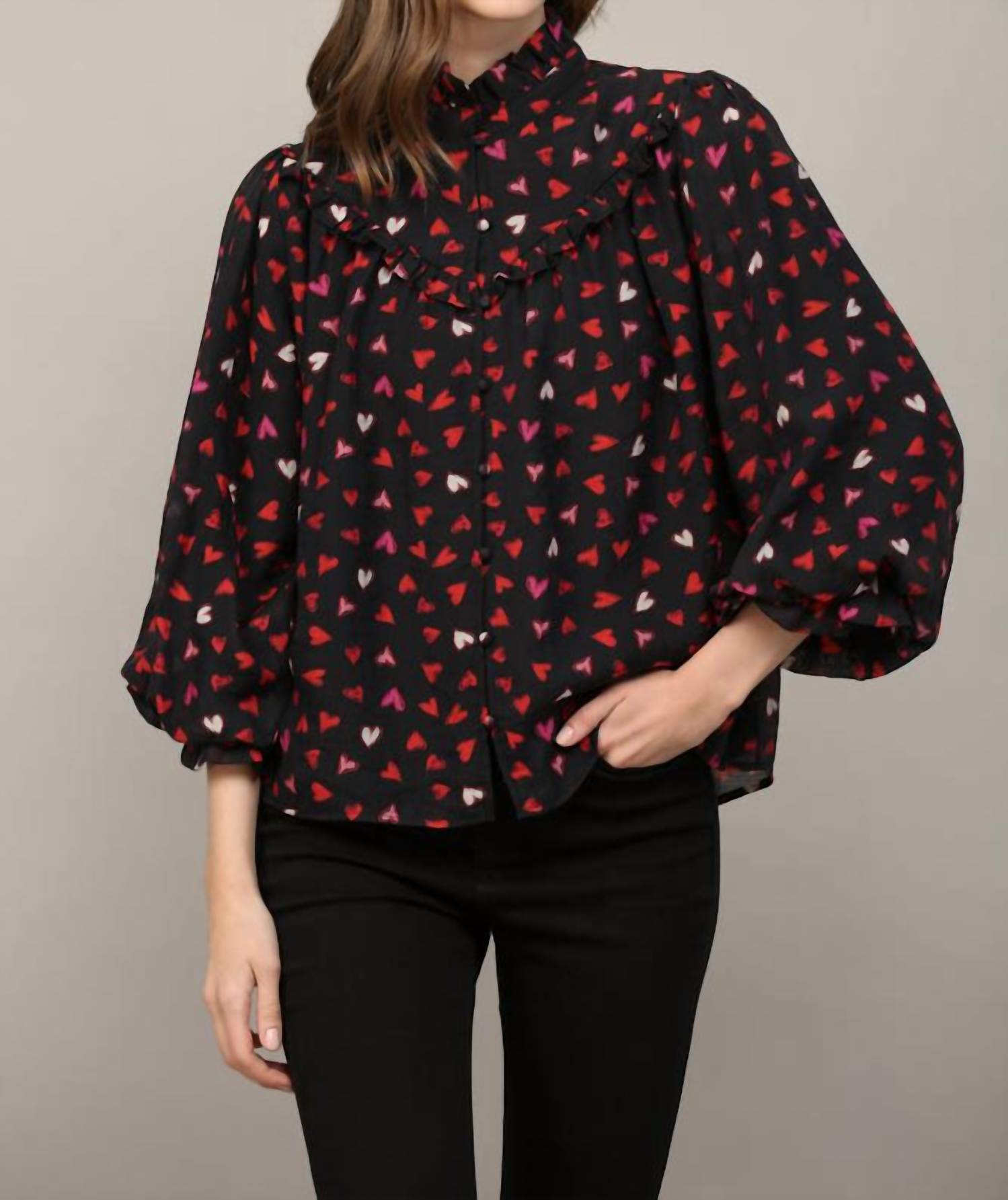 Fate By Lfd - Heart Print Ruffle Yoke Detail Bubble Sleeve Blouse