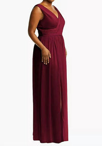 Dessy - V-neck Draped Chiffon Maxi Dress