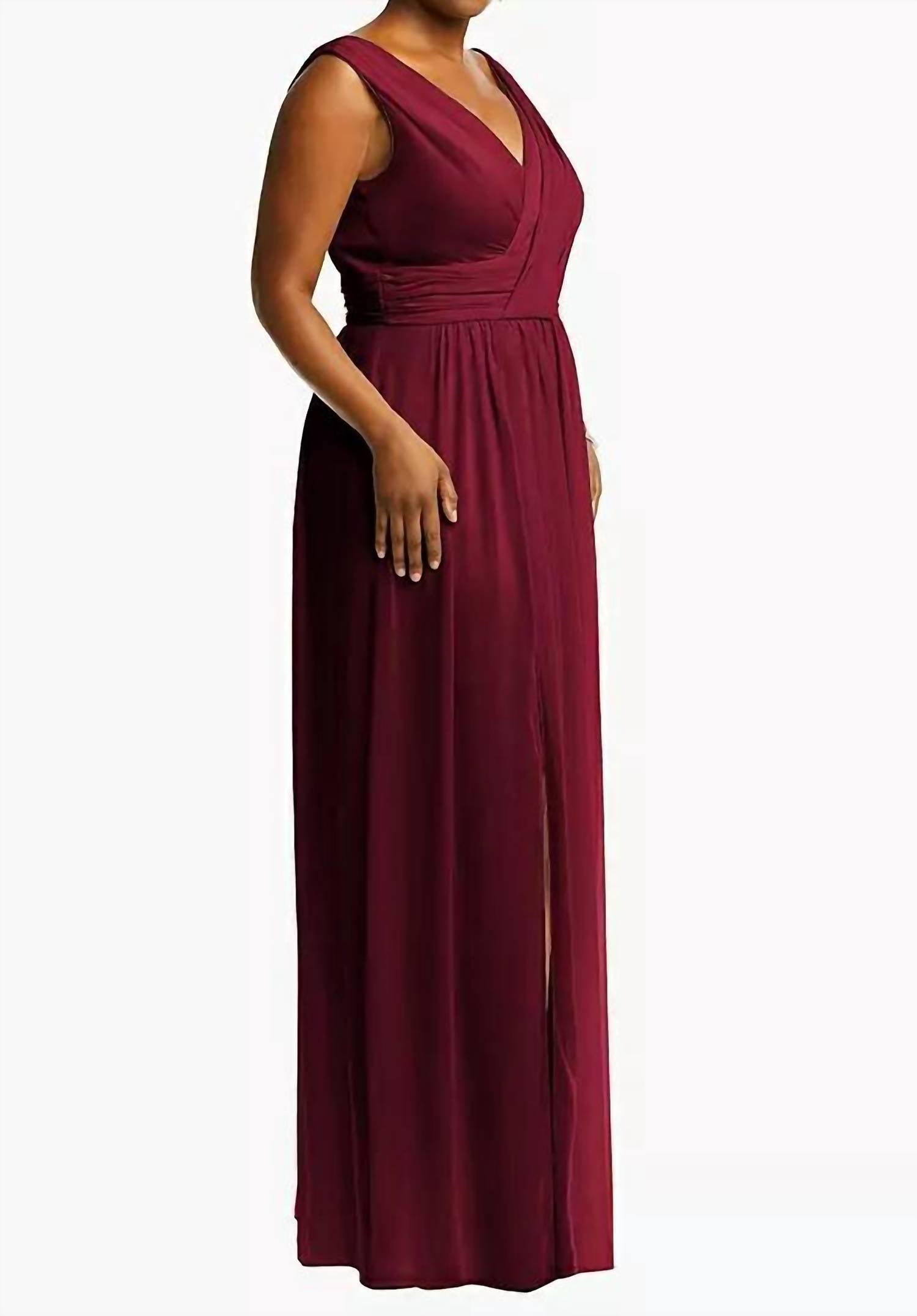 Dessy - V-neck Draped Chiffon Maxi Dress