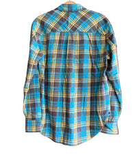 XIRENA Women's Beau Plaid Flannel Shirt in turquoise yellow - women's long sleeve top - detail view