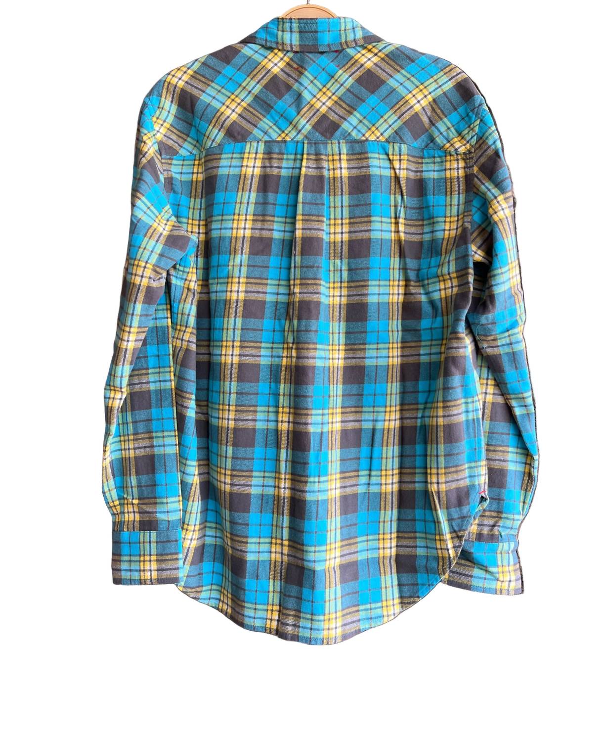 XIRENA Women's Beau Plaid Flannel Shirt in turquoise yellow - women's long sleeve top - detail view