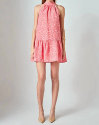 English Factory Jacquard Mock Neck Mini Dress in red pink - women's dress - alternate view