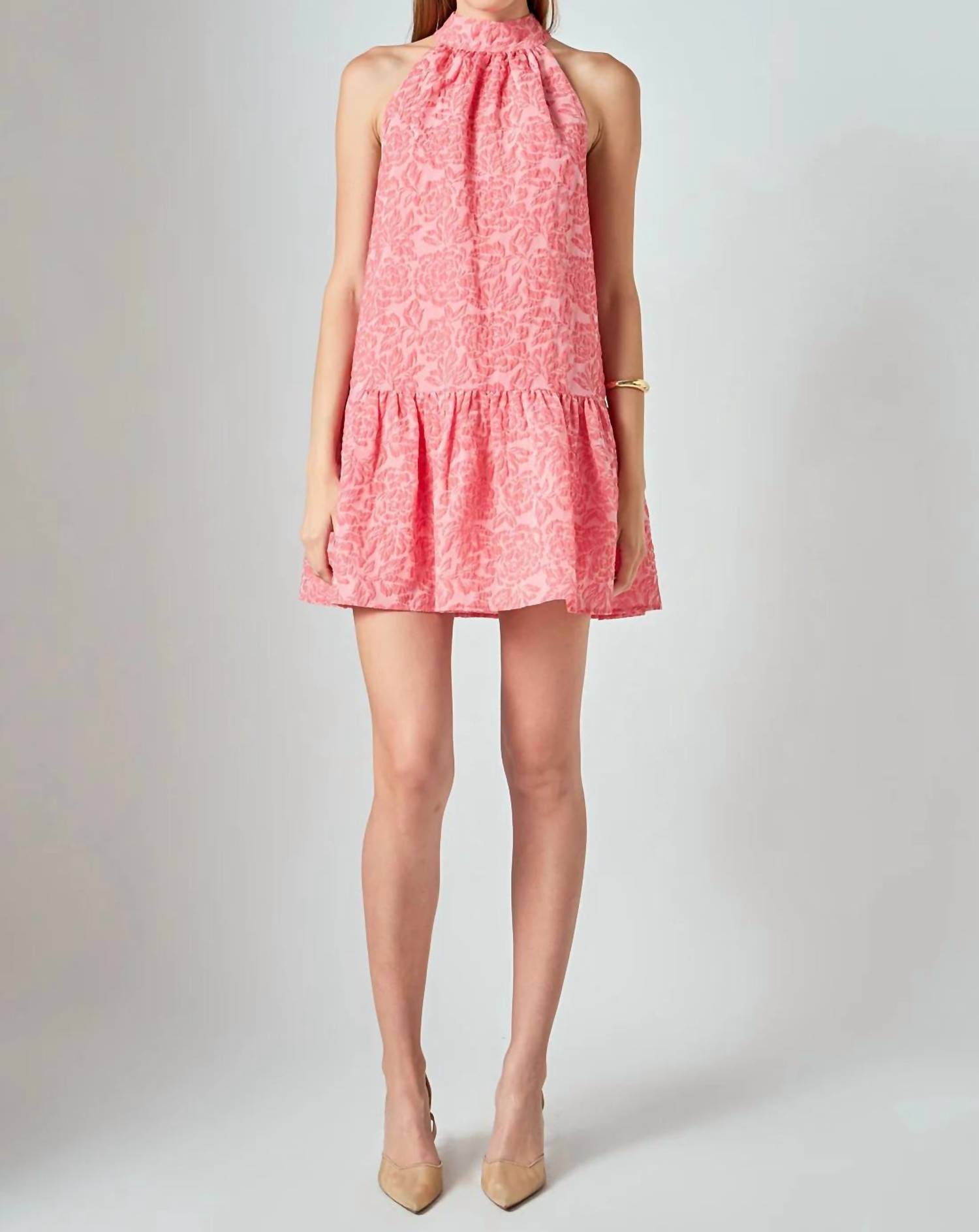English Factory Jacquard Mock Neck Mini Dress in red pink - women's dress - alternate view