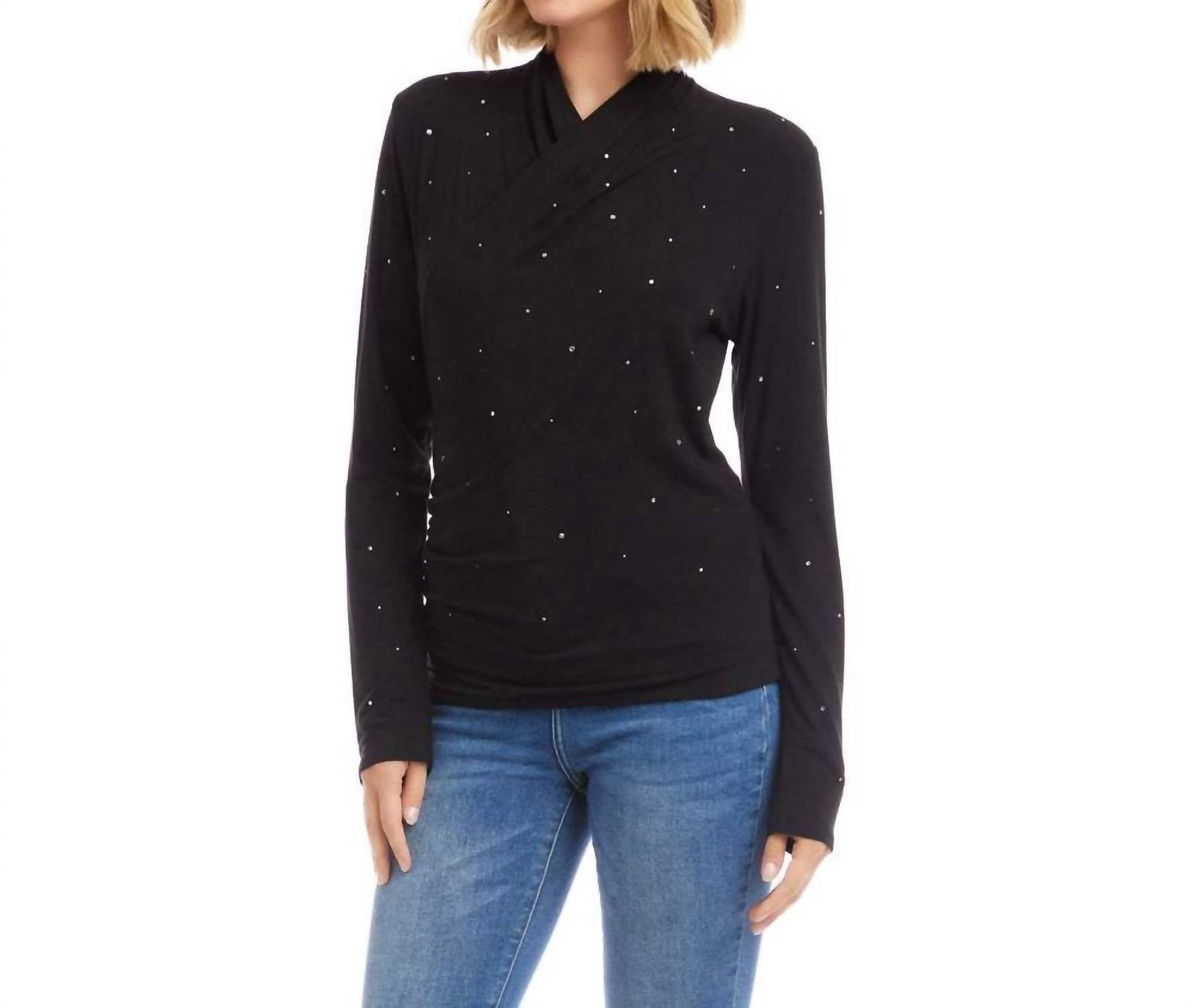 Karen Kane - Lyra Long Sleeve Embellished Drape Front Crossover Top