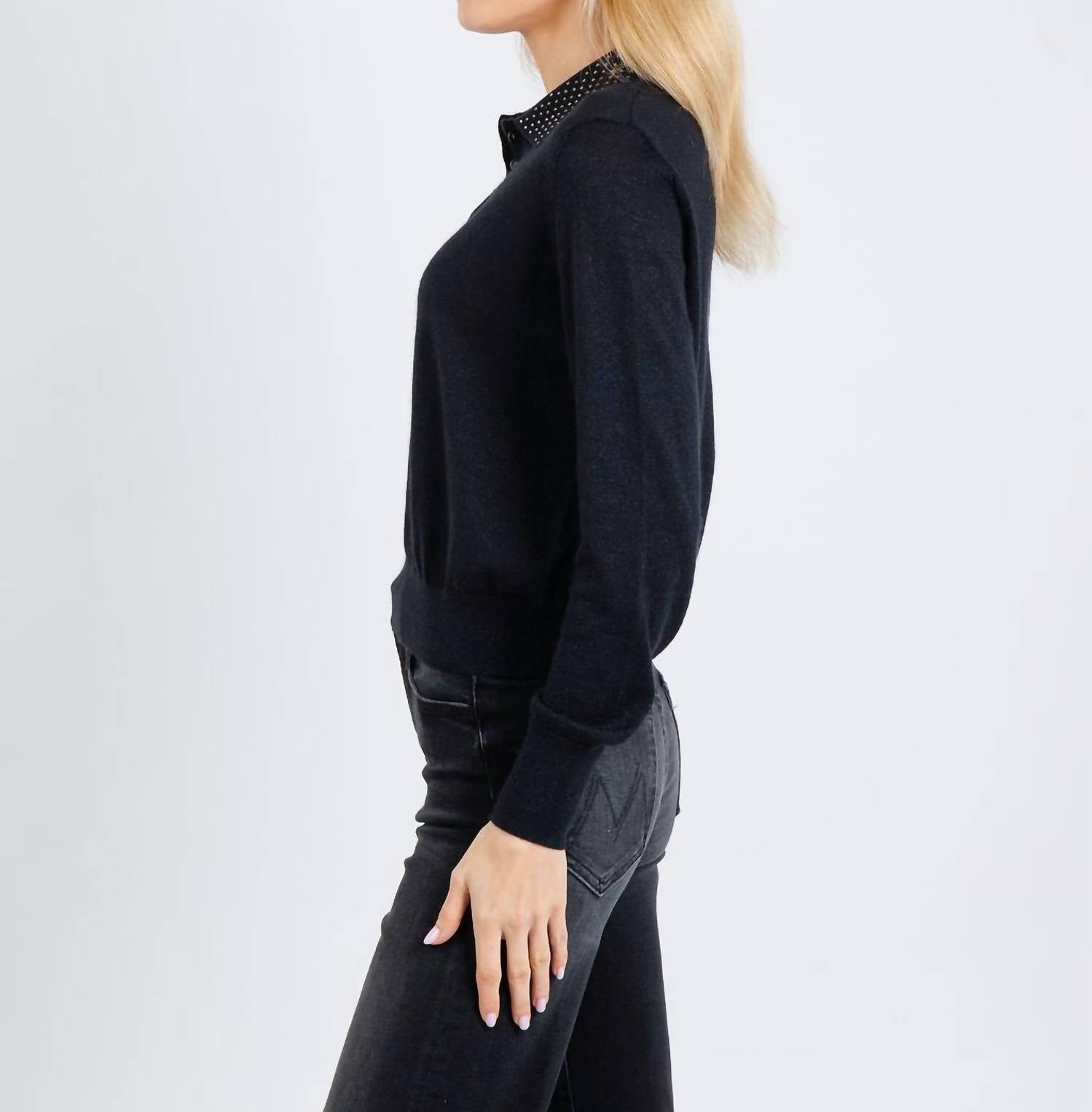 Autumn Cashmere Rhinestone Cashmere Polo Sweater in black - women's long sleeve top - alternate view