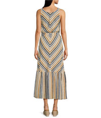 Charlie B - Linen Blend Stripe Print V-neck Sleeveless Maxi A-line Dress