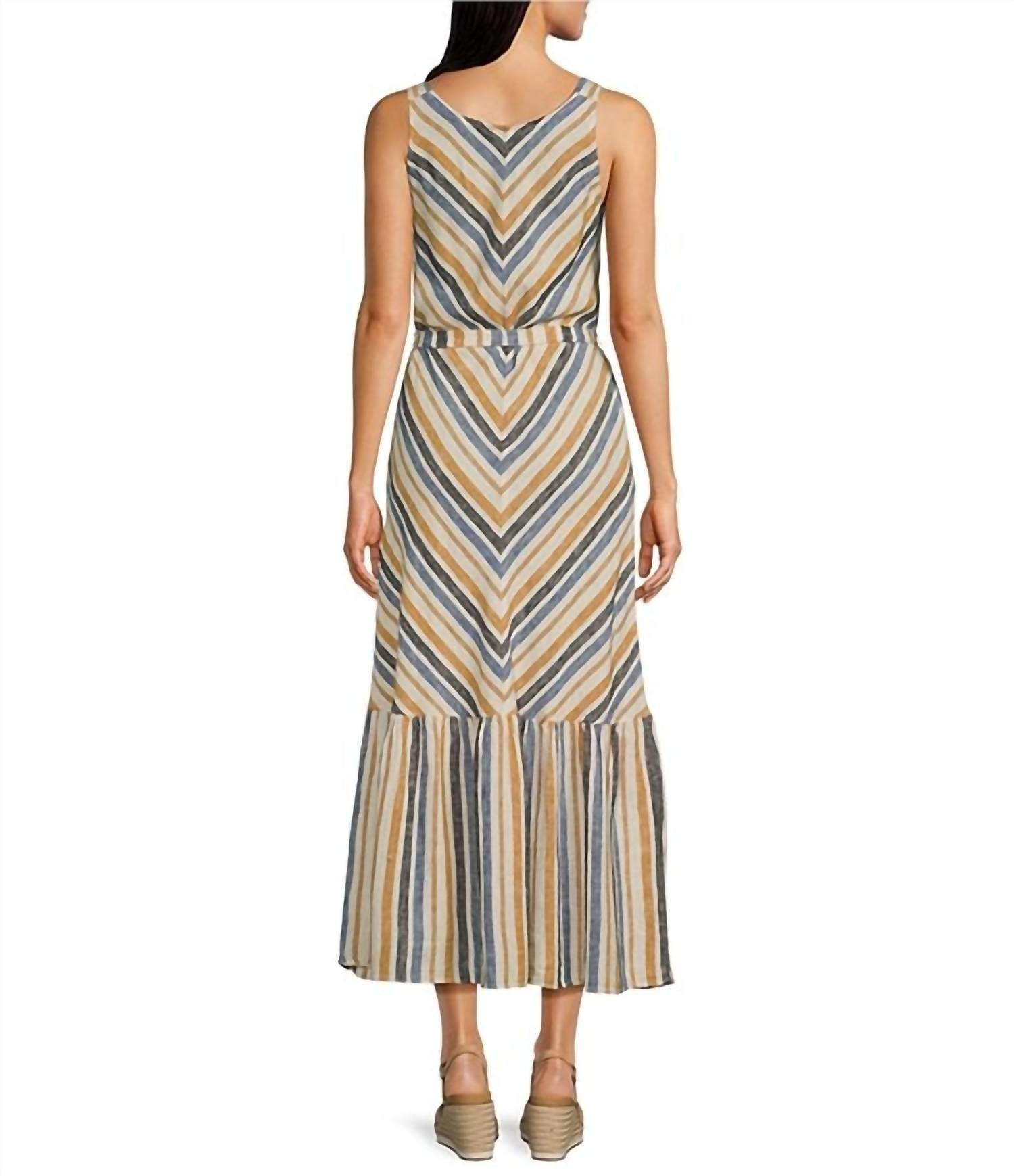 Charlie B - Linen Blend Stripe Print V-neck Sleeveless Maxi A-line Dress