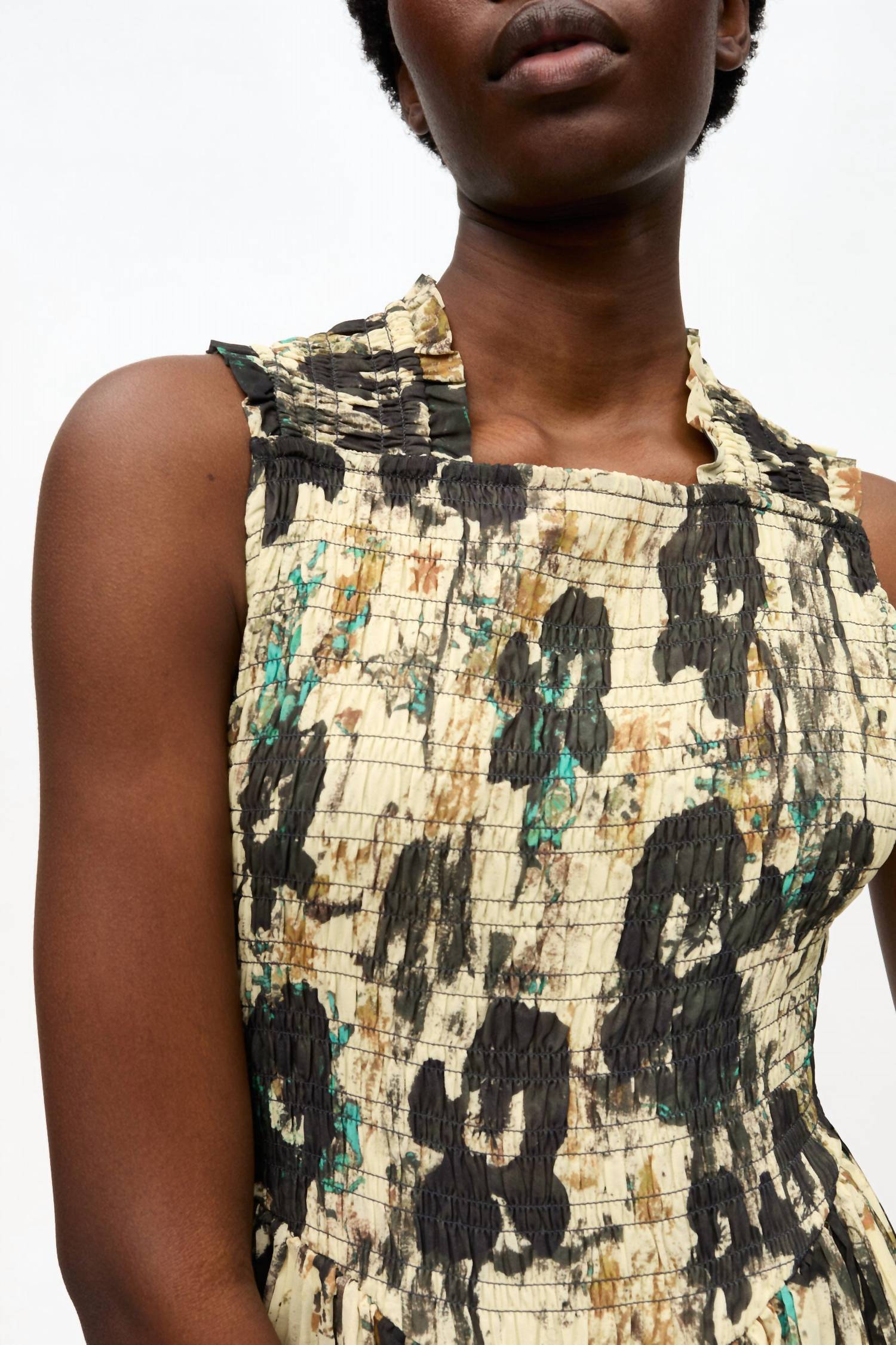 Ganni - Printed Pleats Smock Midi Straps Dress