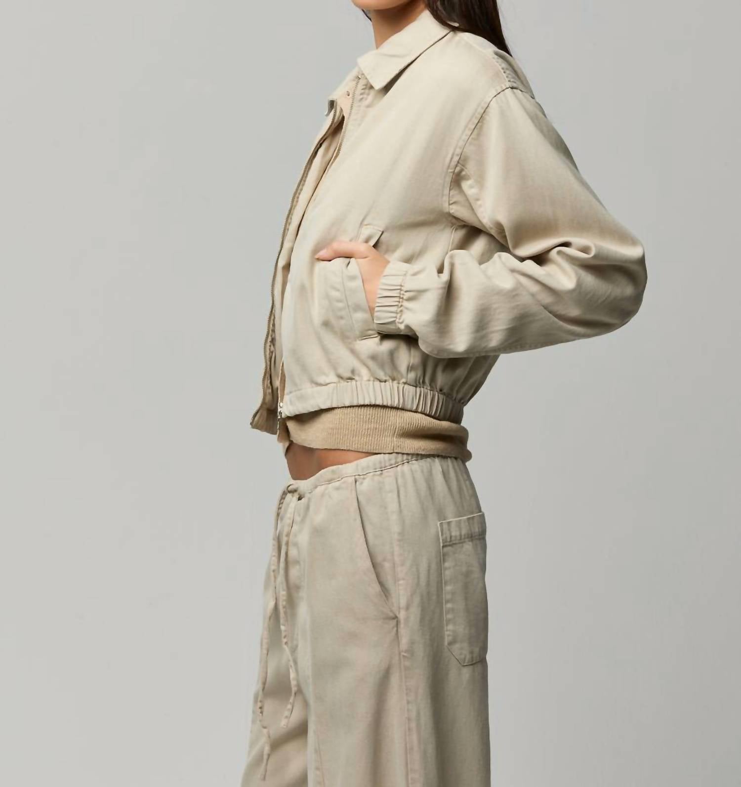 Asher Zoi Bomber Jacket in putty - women's jacket - detail view