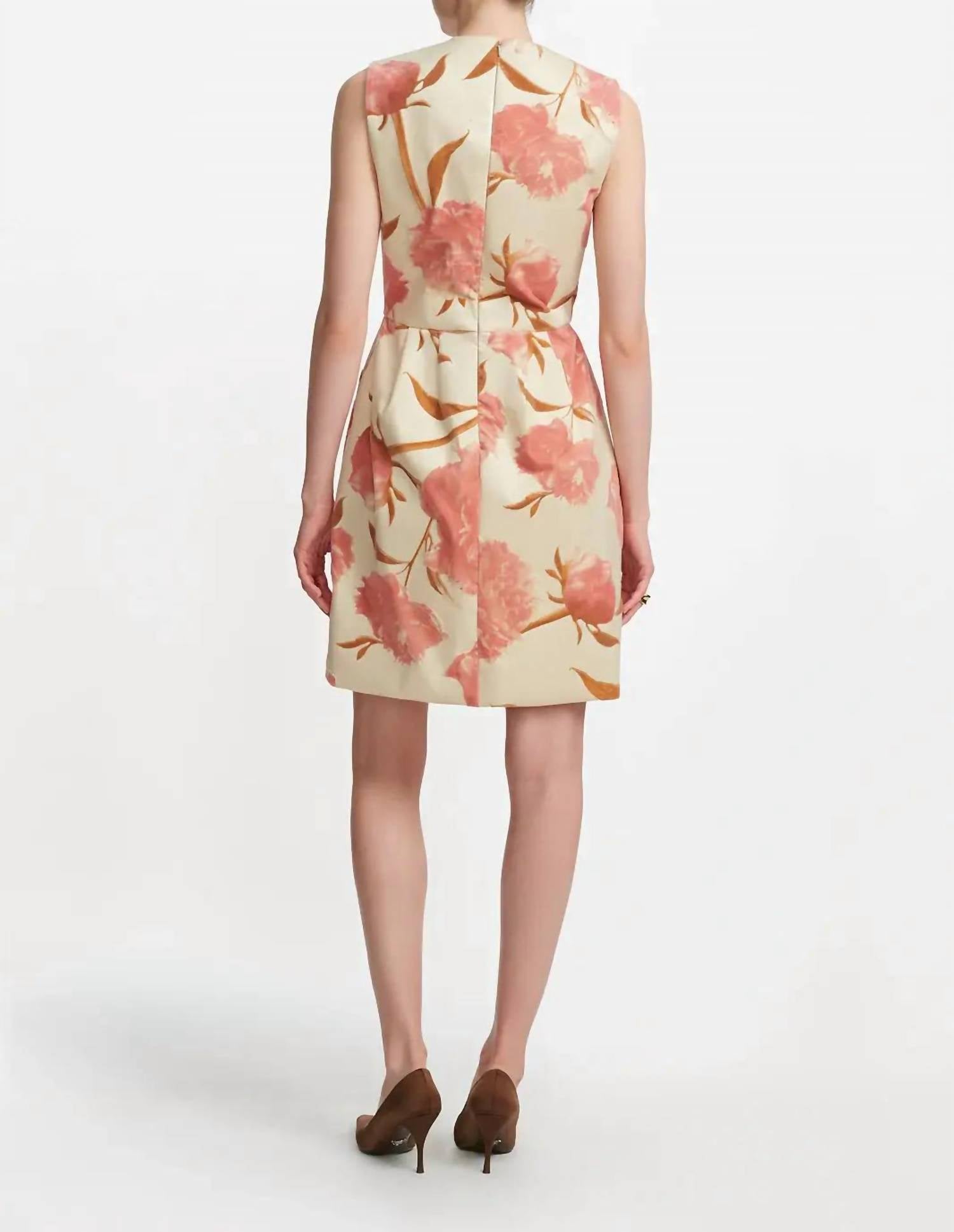 Lela Rose Floral Print Sleeveless Sheath Mini Dress in pink multi - women's dress - detail view