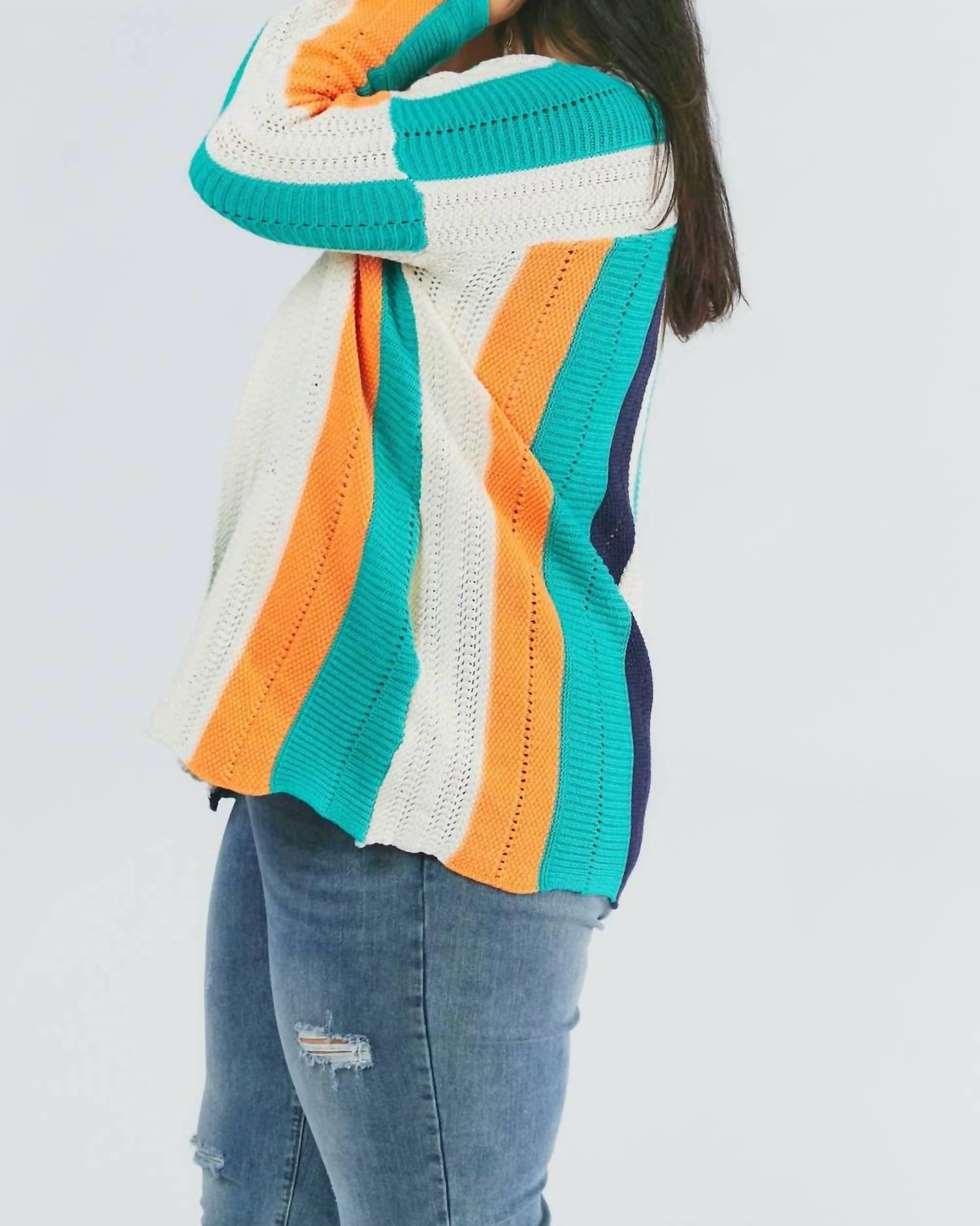 DAVI & DANI Color Block Long Sleeve Cardigan - Plus in multi - women's cardigan - detail view