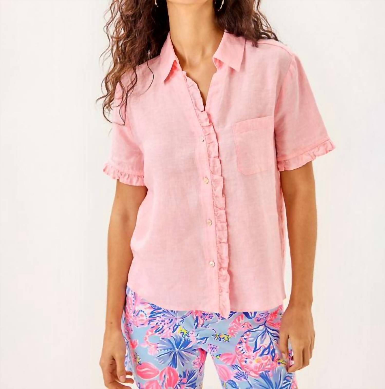 Lilly Pulitzer Carden Ruffle Top in sorbet pink x resort white - women's shirt - alternate view