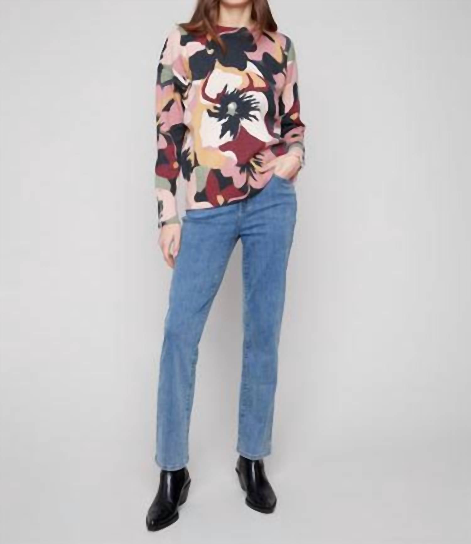 Charlie B - Printed Crew Neck Sweater With Sleeve Zippers