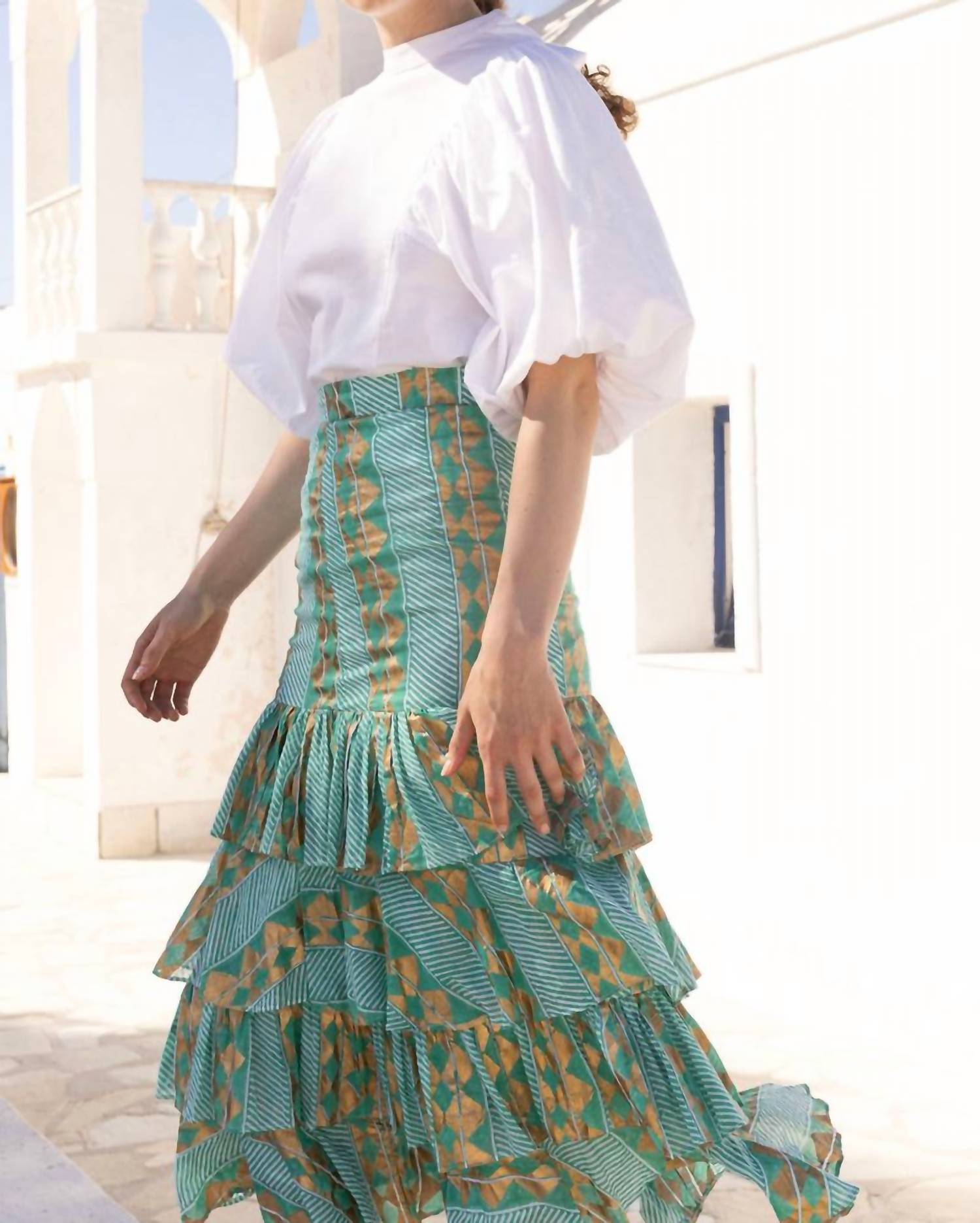 Oliphant Ruffle Maxi Skirt in ascot teal - women's skirt - detail view