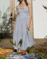 Blu Pepper - Stripe Sleeveless Corset Detail Midi Dress