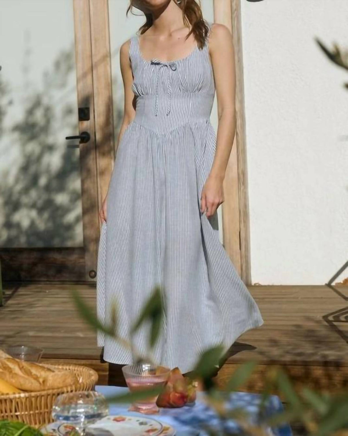 Blu Pepper - Stripe Sleeveless Corset Detail Midi Dress