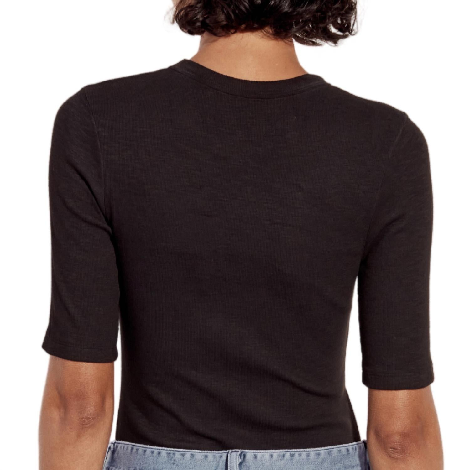Enza Costa Textured Knit Half Sleeve Bodysuit in black - women's shirt - detail view