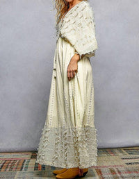 Pol - V-neck Wood Bead Tassel Tie Linen Maxi Dress