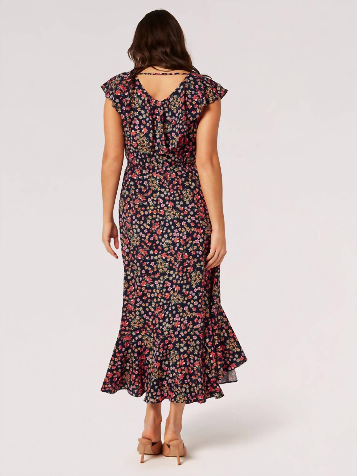 Apricot - Ditsy Floral Ruffle Wrap Midi Dress