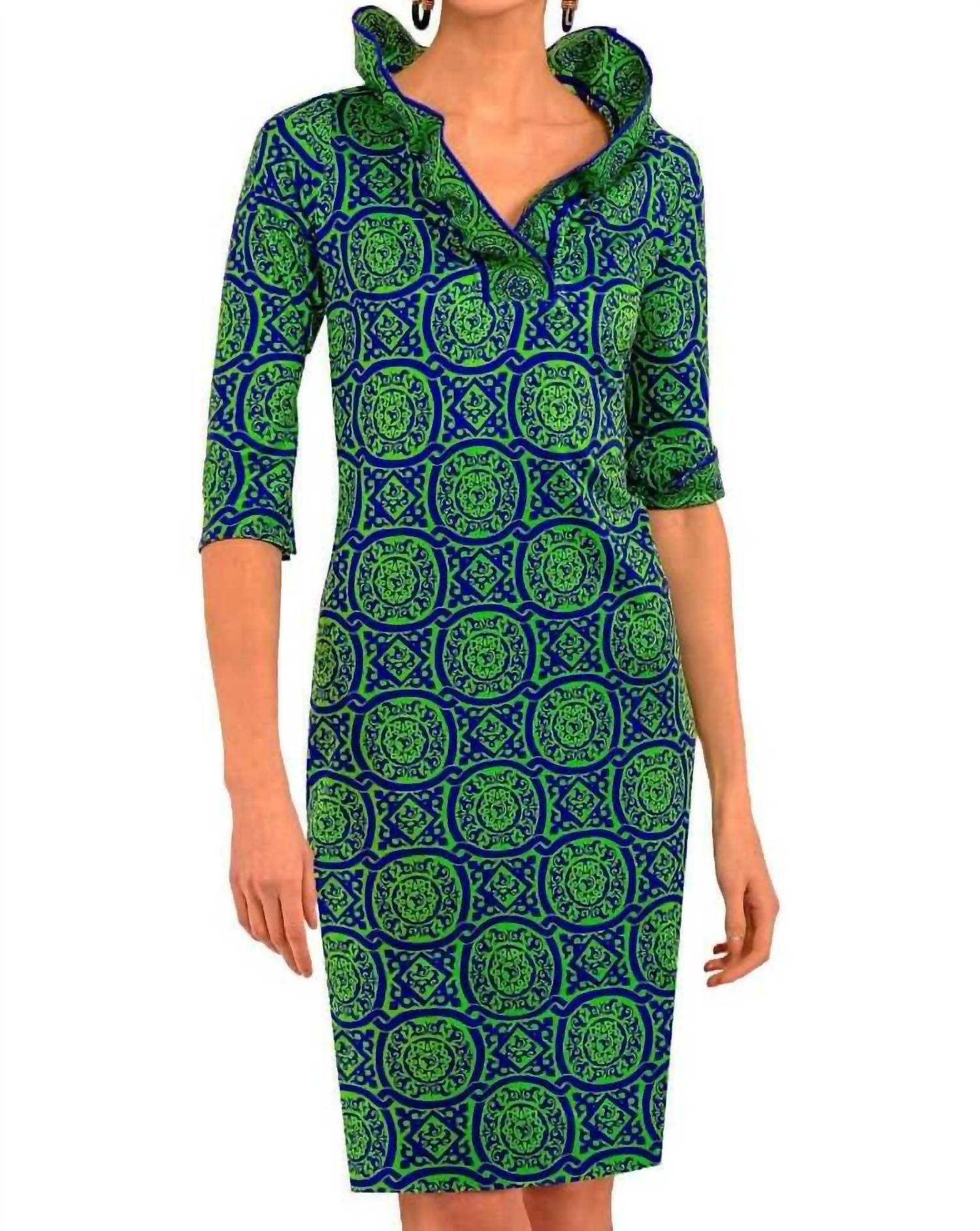 GRETCHEN SCOTT Ruffneck 3/4 sleeve Dress in royal blue kelly green - women's dress