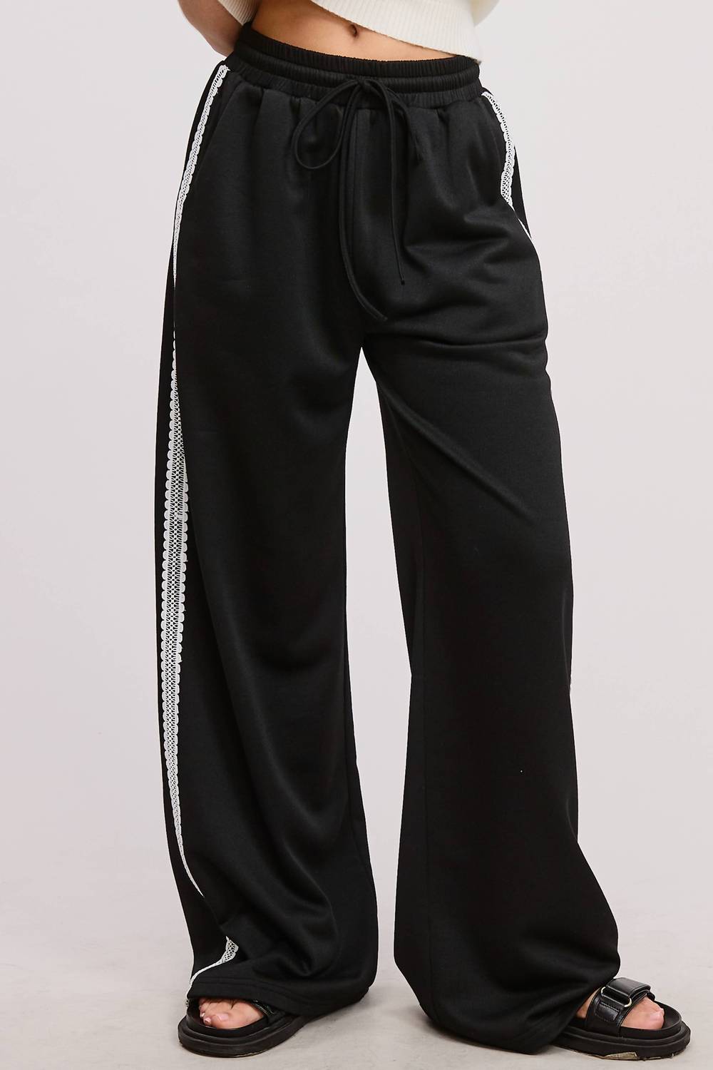 Mimosa Lace Trim Wide Leg Track Pants in black - women's pants