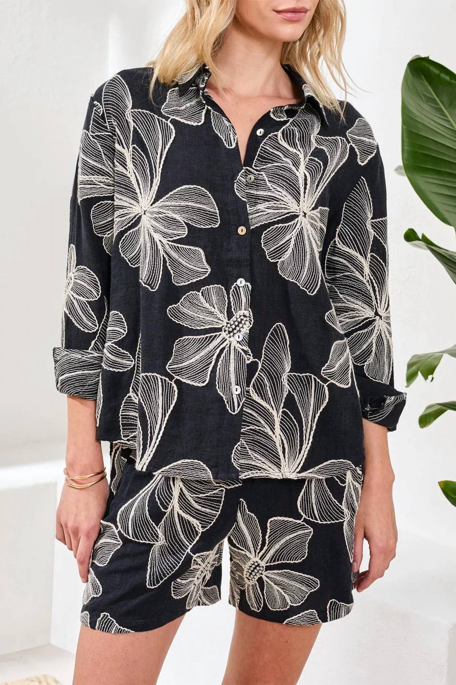 Tribal - Embroidered Long Sleeve Button‑front Blouse