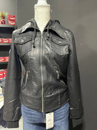 Coalition LA Women's Hooded Leather Jacket in black - women's jacket - detail view