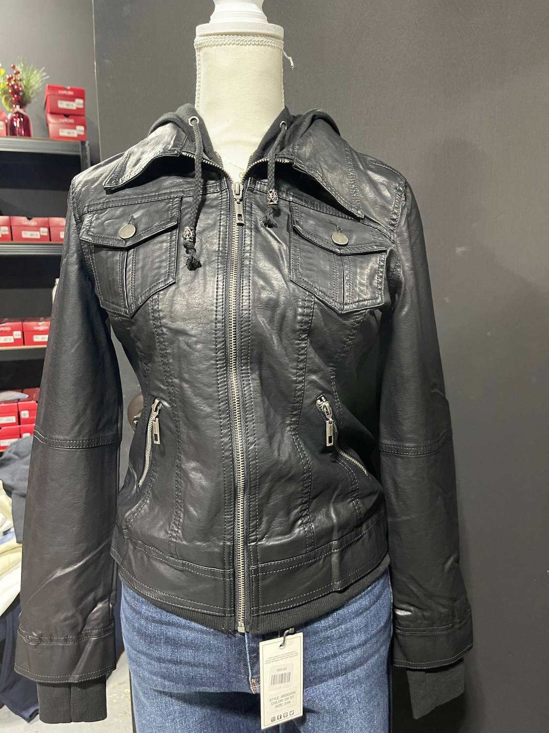 Coalition LA Women's Hooded Leather Jacket in black - women's jacket - detail view
