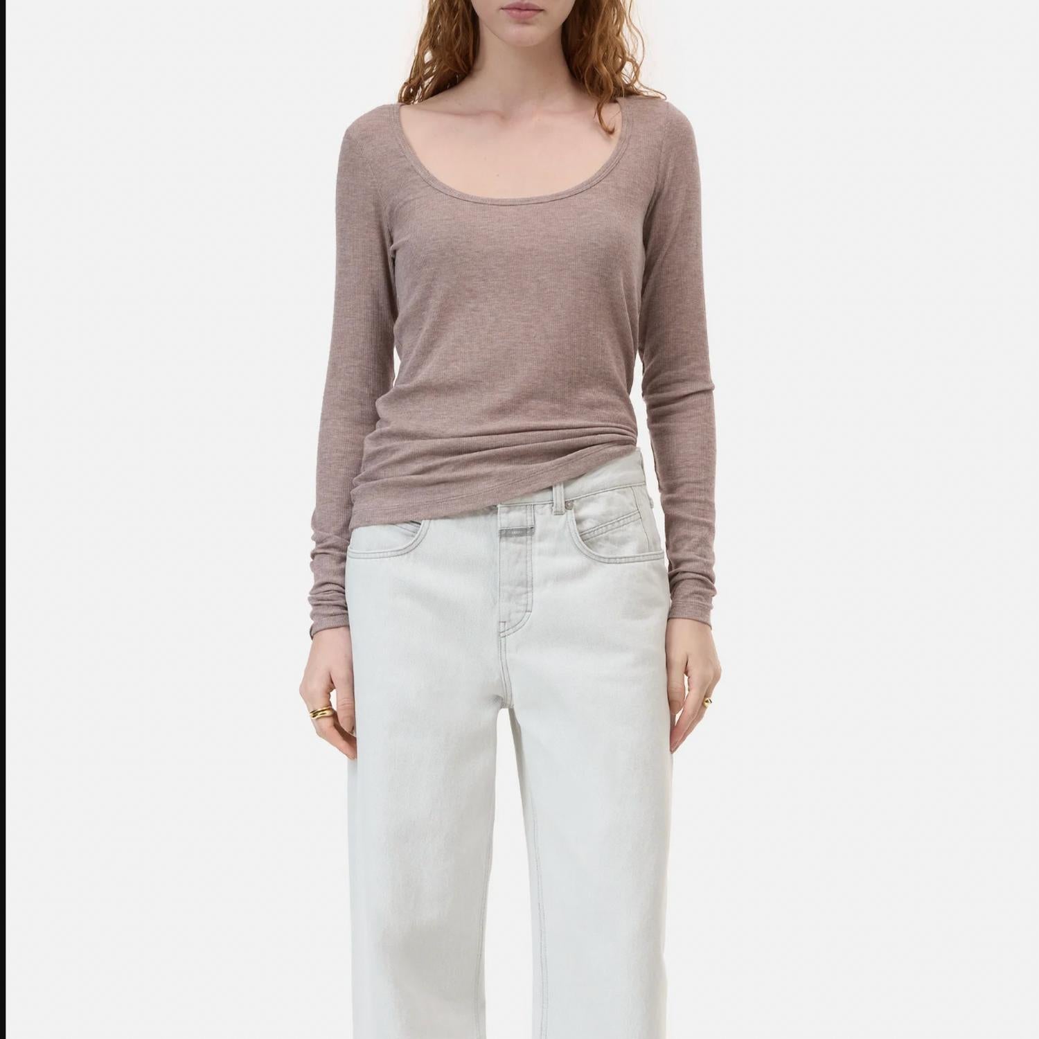 CLOSED Ripped Ribbed Long Sleeve Tee in beige - women's long sleeve top