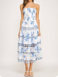 Strut & Bolt - Floral Print Smocked Lace Trim Midi Dress