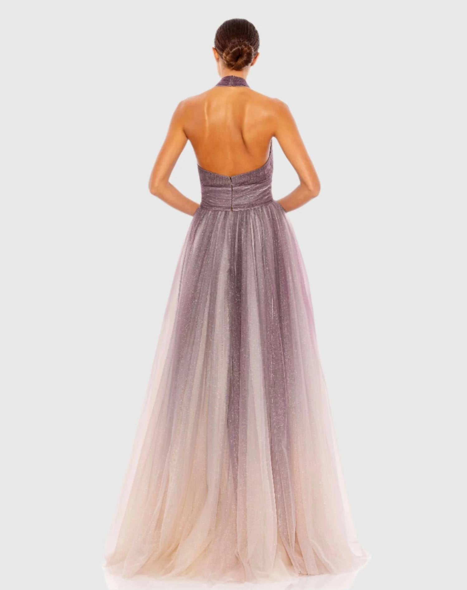 MAC DUGGAL Glitter Halter Ballgown Gown in charcoal ombre - women's dress - detail view