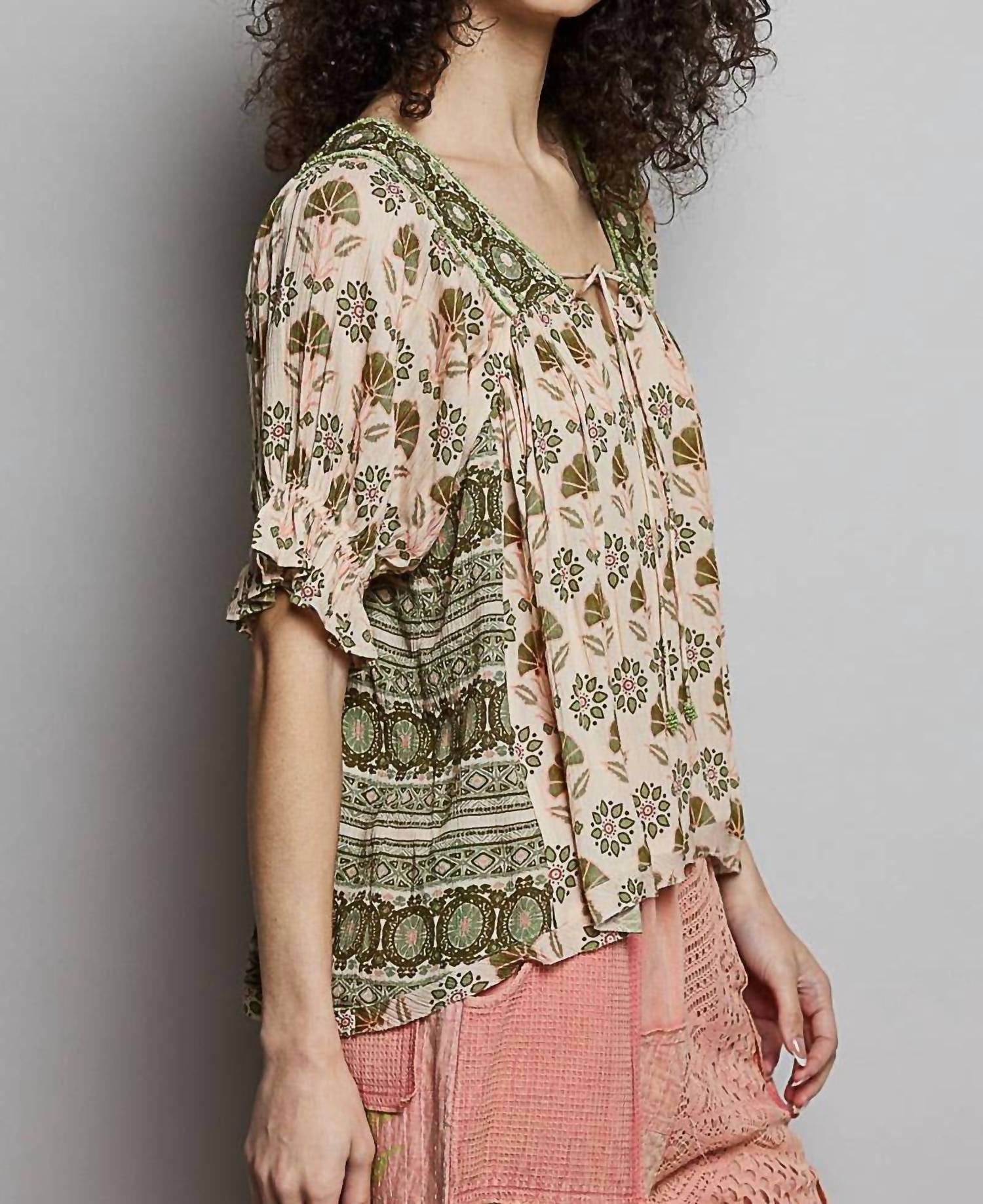 POL Feminine Beads Trim Accent Woven Top in sand multi - women's blouse - detail view