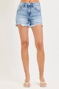 Risen - High Rise Distressed Washed Step Side Hem Shorts