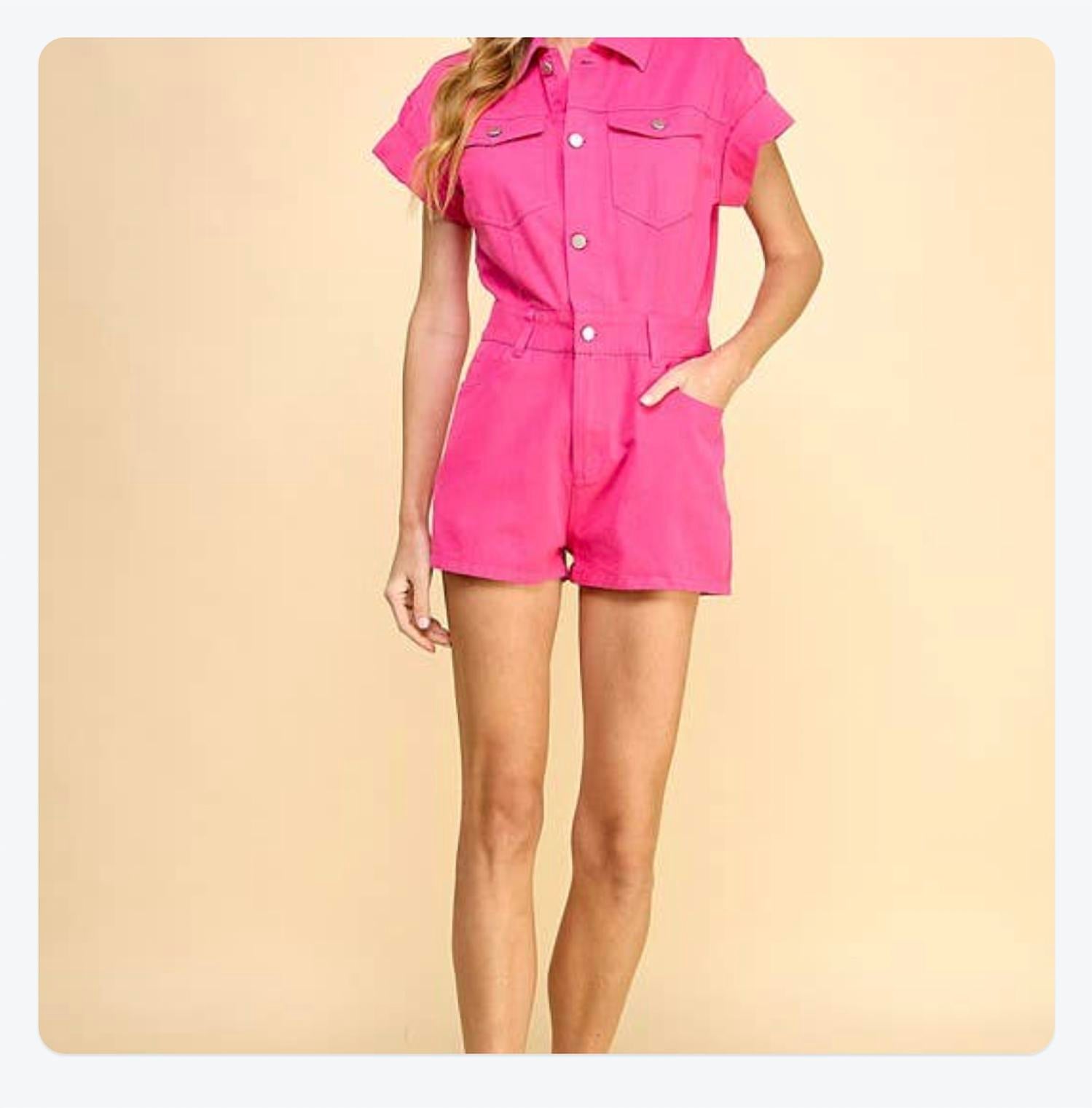 TCEC Women's Collared Neckline Button Romper in fushia - women's pants