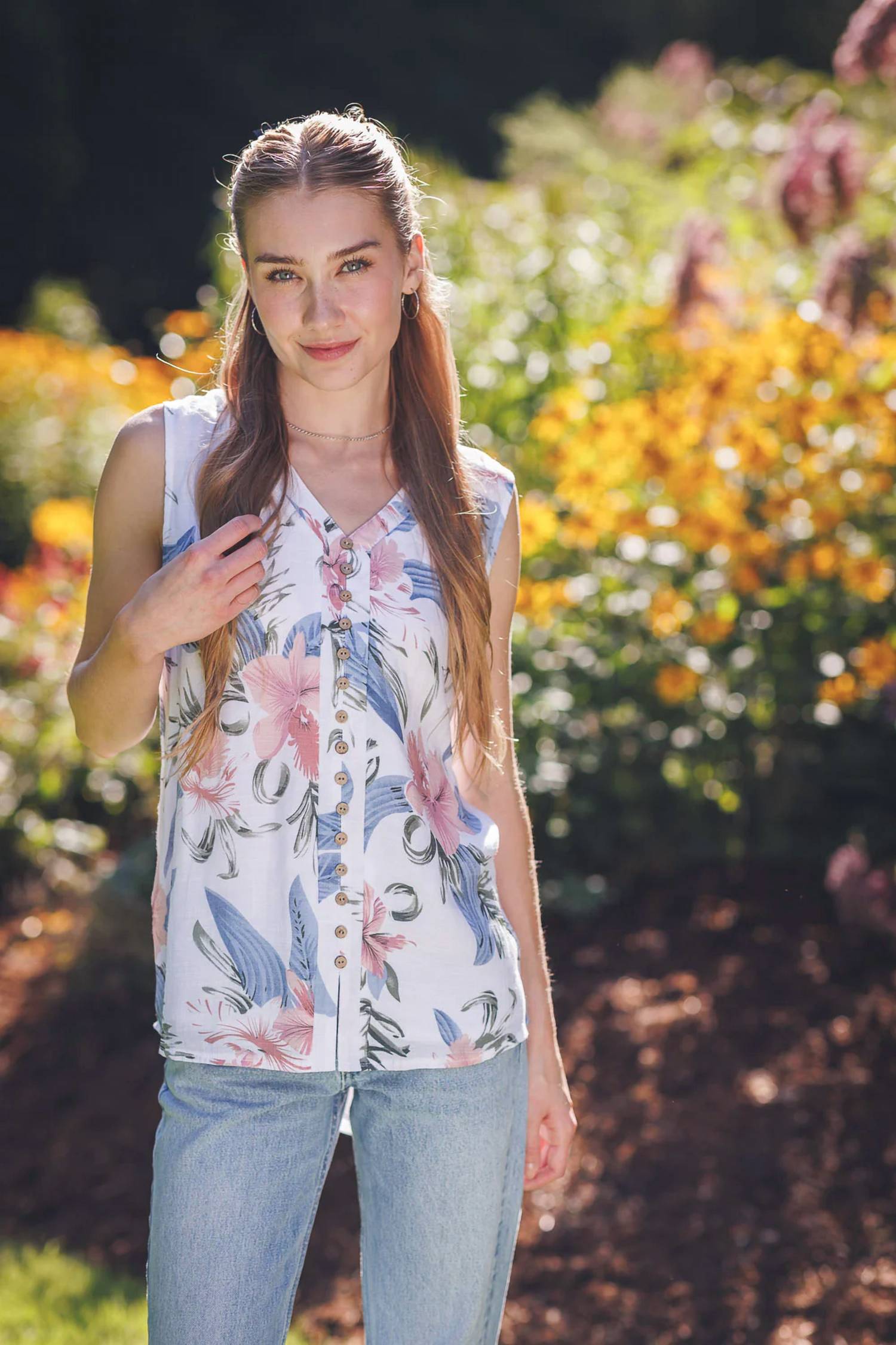 Papillon - Tropical Printed Crinkle Sleeveless Blouse
