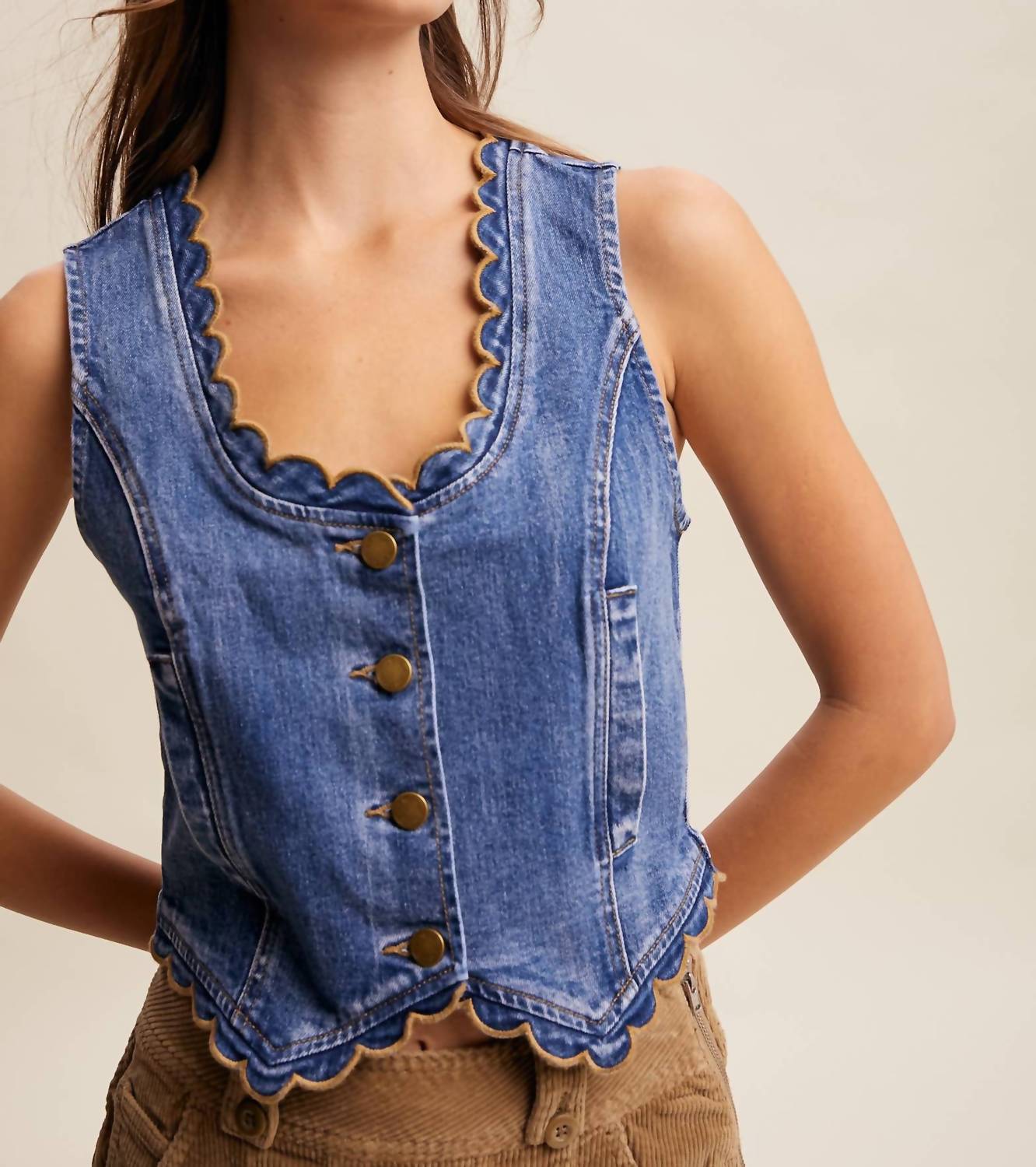Listicle - Scallop Trim Stretch Denim Vest