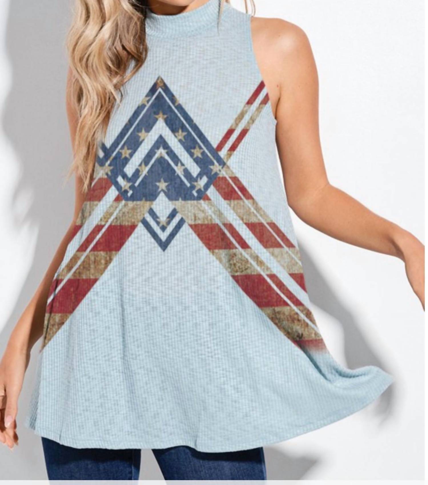 Lemon Tree Design - American Flag Chevron Mock Neck Muscle Tank Top