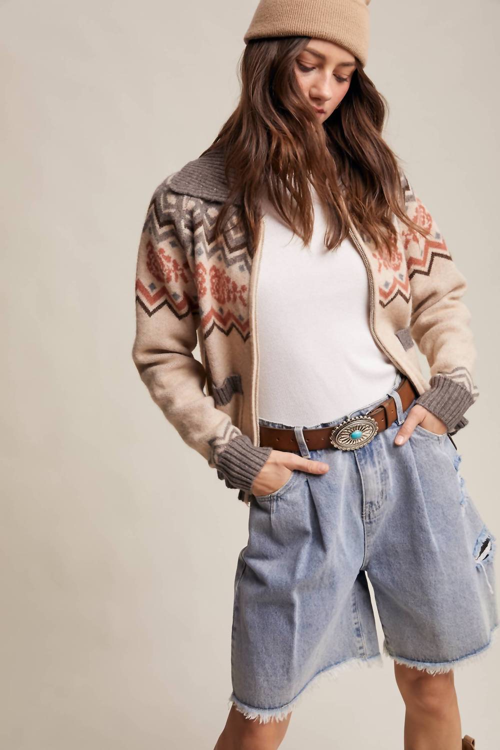 Listicle - Retro Floral Knit Zip-up Cardigan