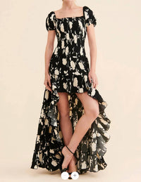 Muche & Muchette Sakura Hi-low Ruffled Floral Dress in black ivory - women's dress