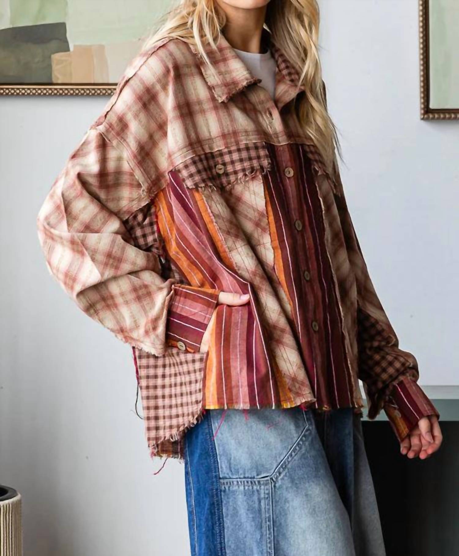 Oli & Hali - Washed Plaid & Stripe Mix Shacket Top